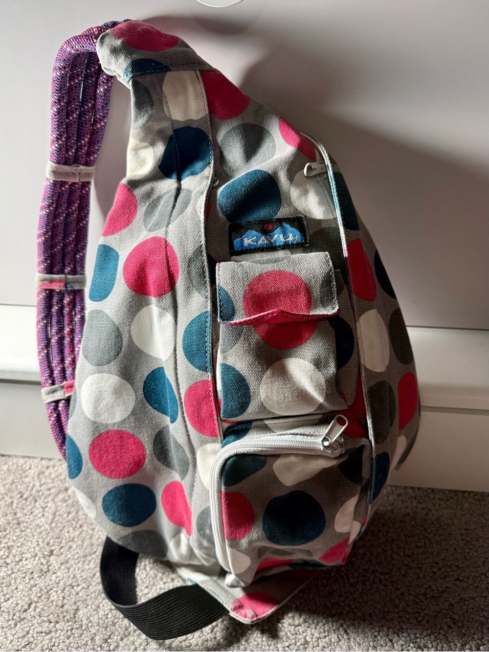 Kavu Gray Sling Backpack with Pink & Blue Dot Print